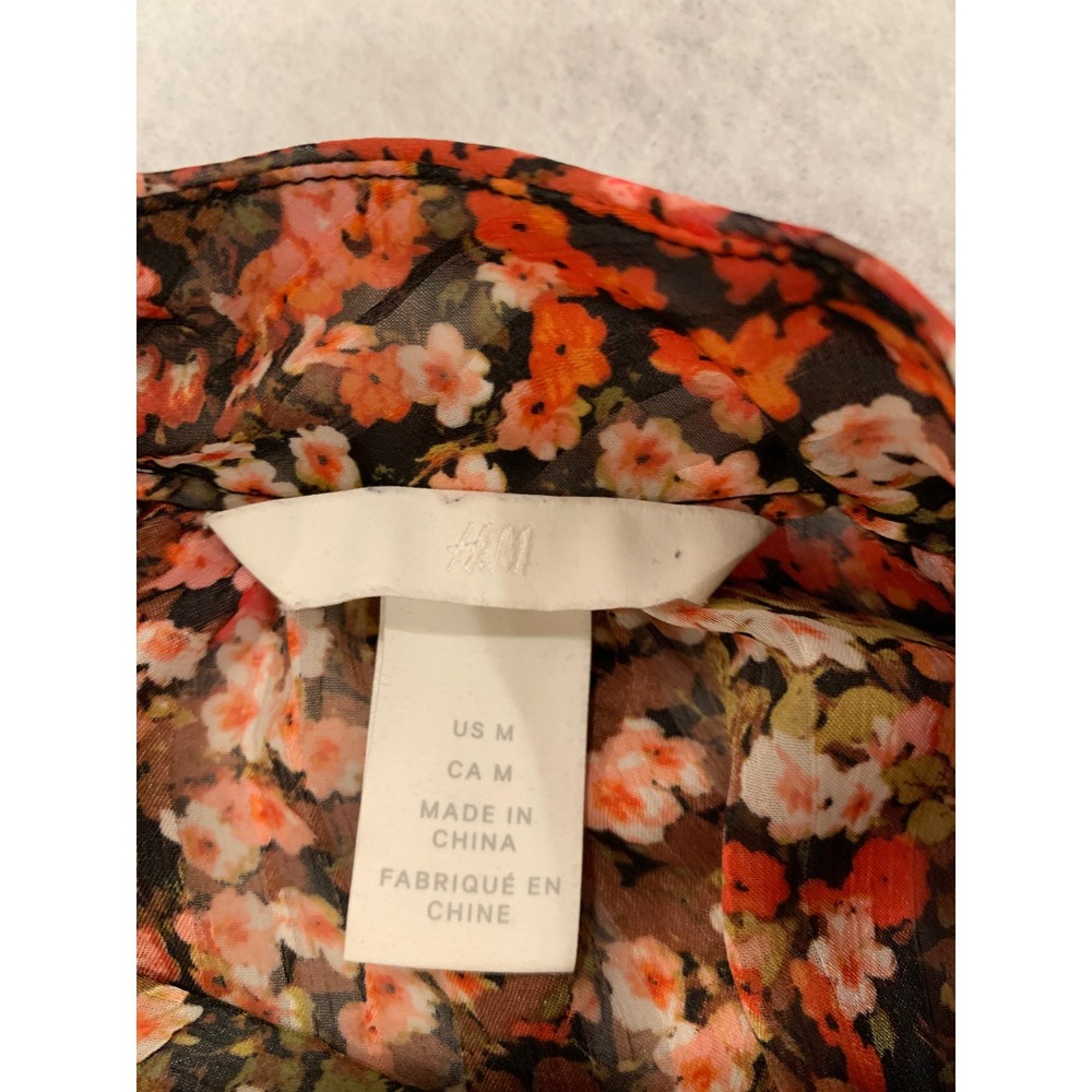 H&M Women Floral Blouse L Orange Black Cottagecore Mock Neck Balloon Sleeve - Picture 10 of 10
